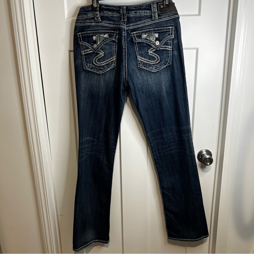 Silver Jeans 30x33 Blue Denim Boot Western Glove Stretch Embroidered Rhinestone